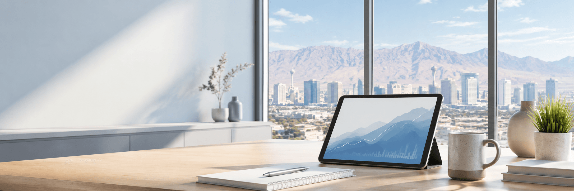 State Capital Mortgage Las Vegas office desk with planning tablet and market chart.