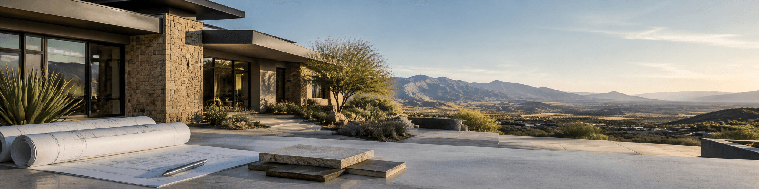 Nevada home blueprints and mortgage application planning materials on a desk overlooking the desert.