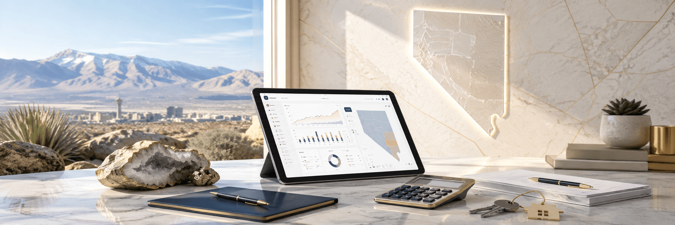 Nevada mortgage analytics dashboard on a Las Vegas office desk.
