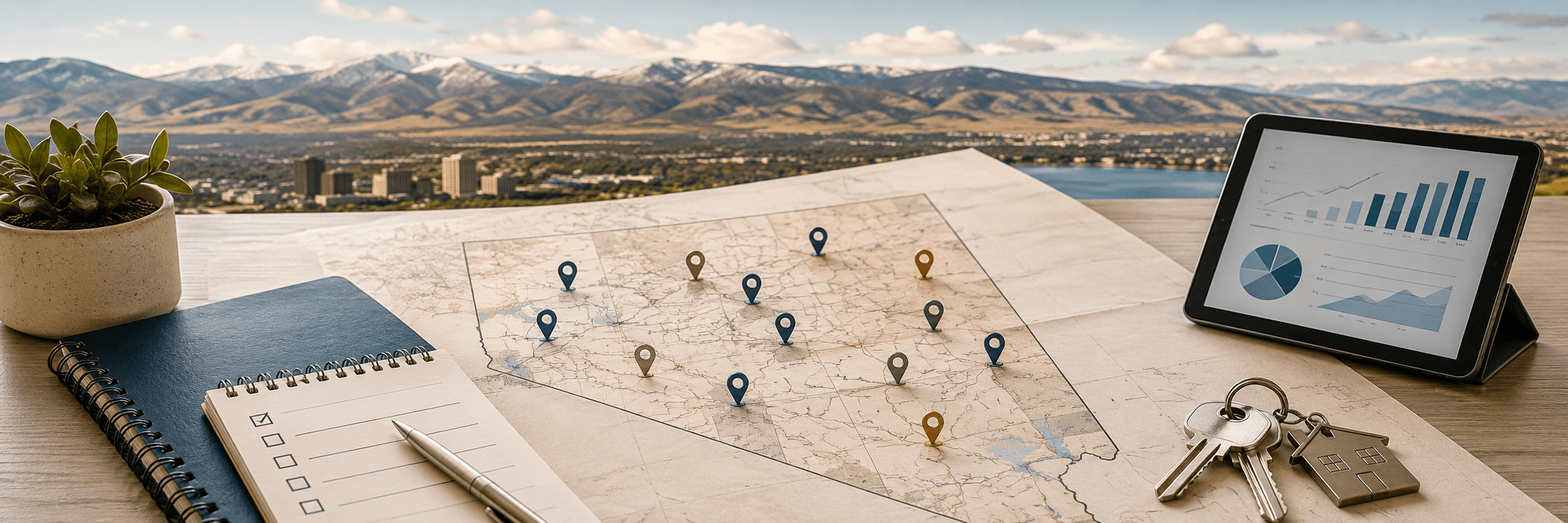 Nevada mortgage broker desk with a service-area map, scenario notes, and planning materials.
