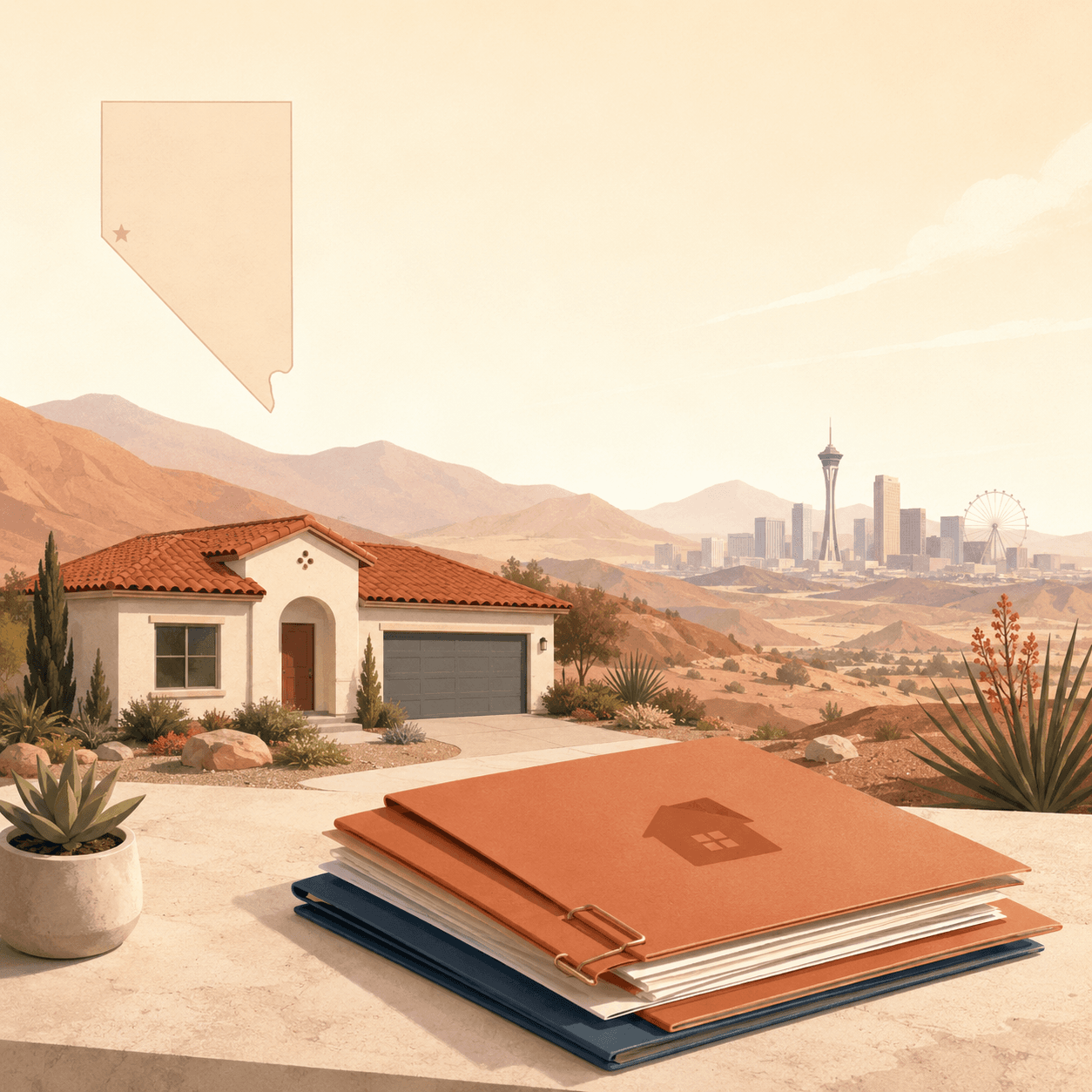 Las Vegas, Nevada mortgage paperwork laid out beside a home on a planning desk.