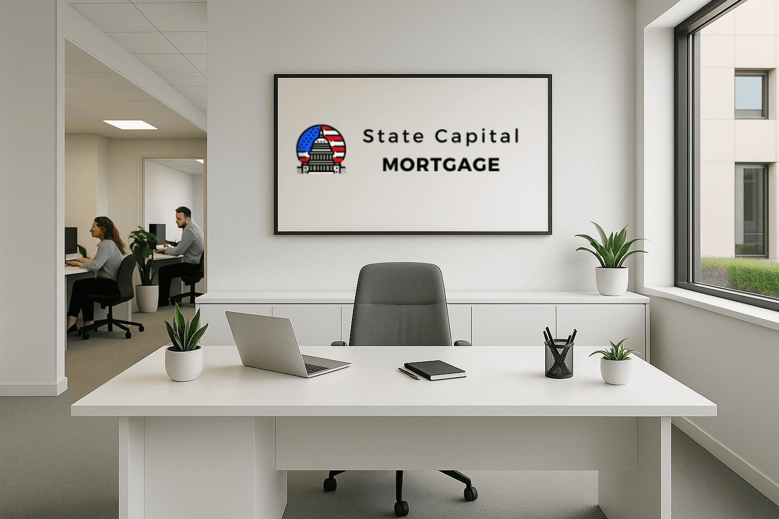 Interior of the State Capital Mortgage office in Las Vegas, Nevada — the physical, licensed location required of a Nevada State Broker.