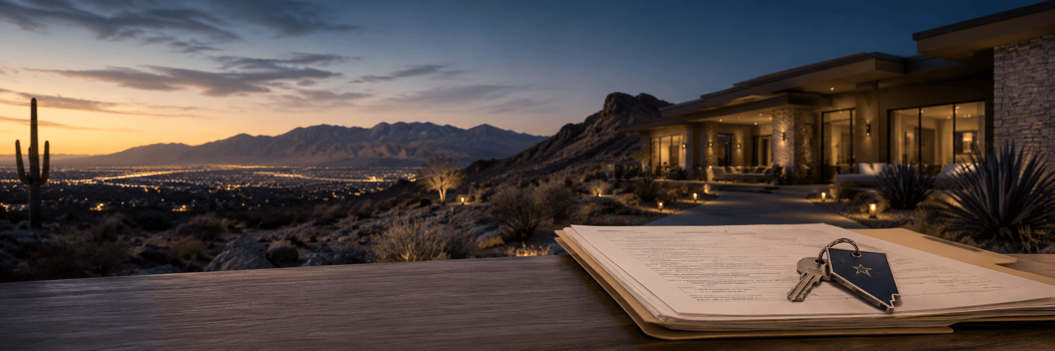 Luxury Nevada home at sunset with closing documents on a desk.