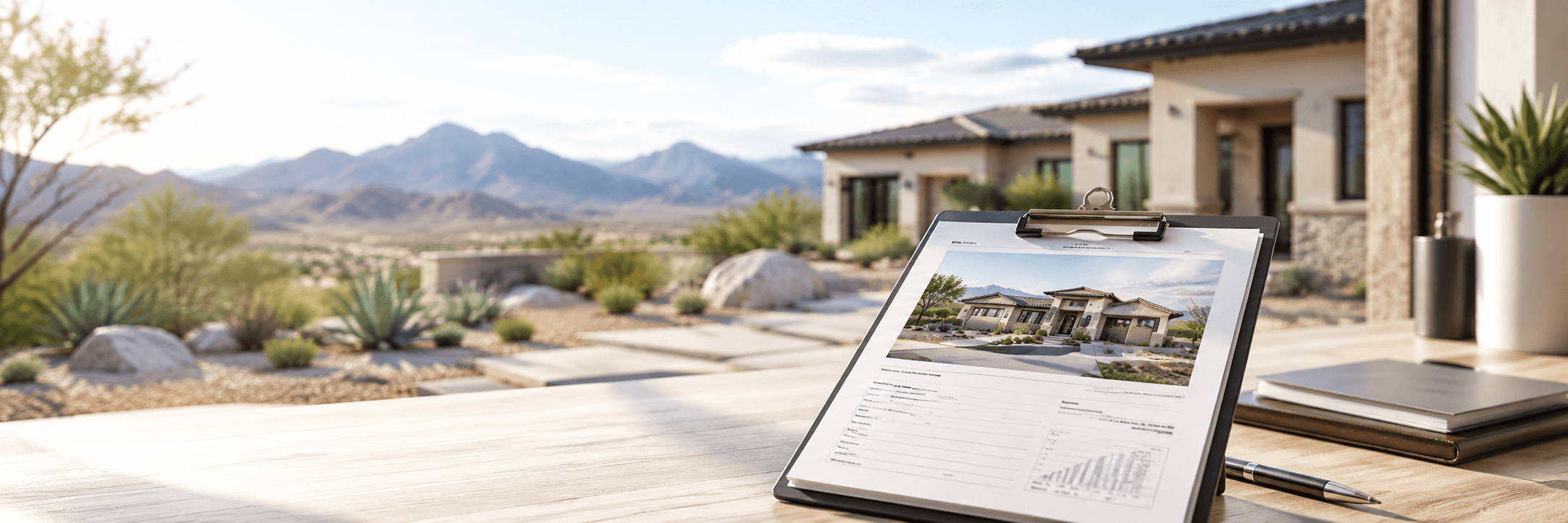 A property report on a clipboard outside a modern Nevada desert home, with the Spring Mountains in the background — research before a homeowner chooses a loan.