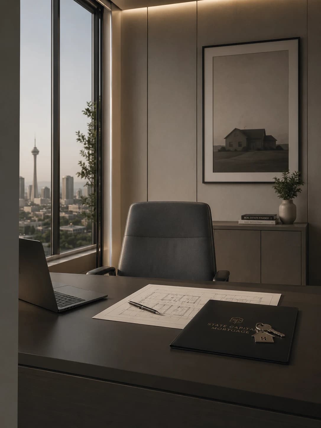 Premium Nevada broker office with Las Vegas view, desk, chair, and mortgage documents.